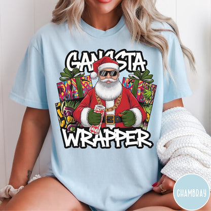 Comfort Colors tee in Chambray featuring graphic Santa Claus wearing sunglasses and gold chain, Gangsta Wrapper text