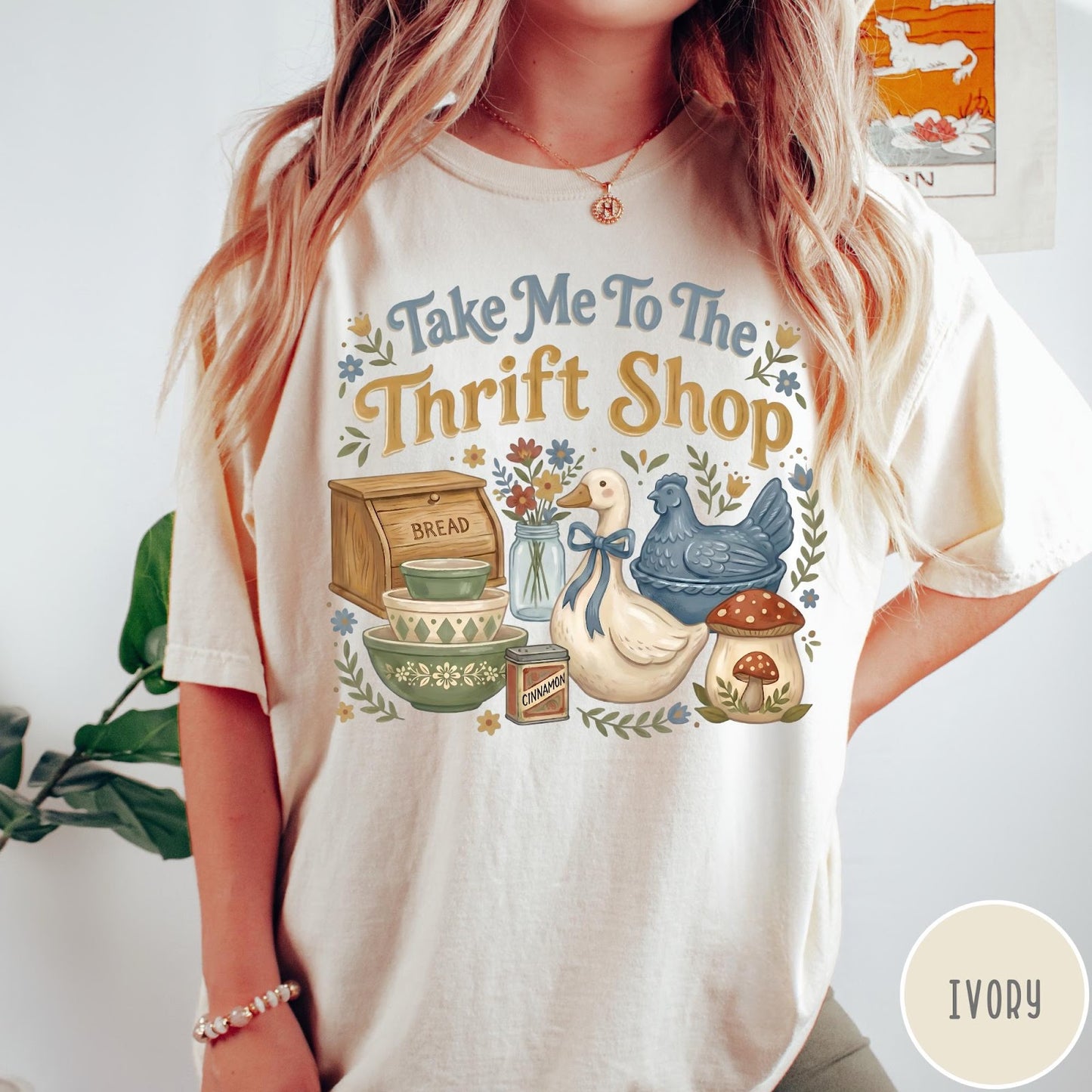 Comfort Colors tee in Ivory featuring vintage kitchenware graphic with bread box, bowls, goose, and mushroom.