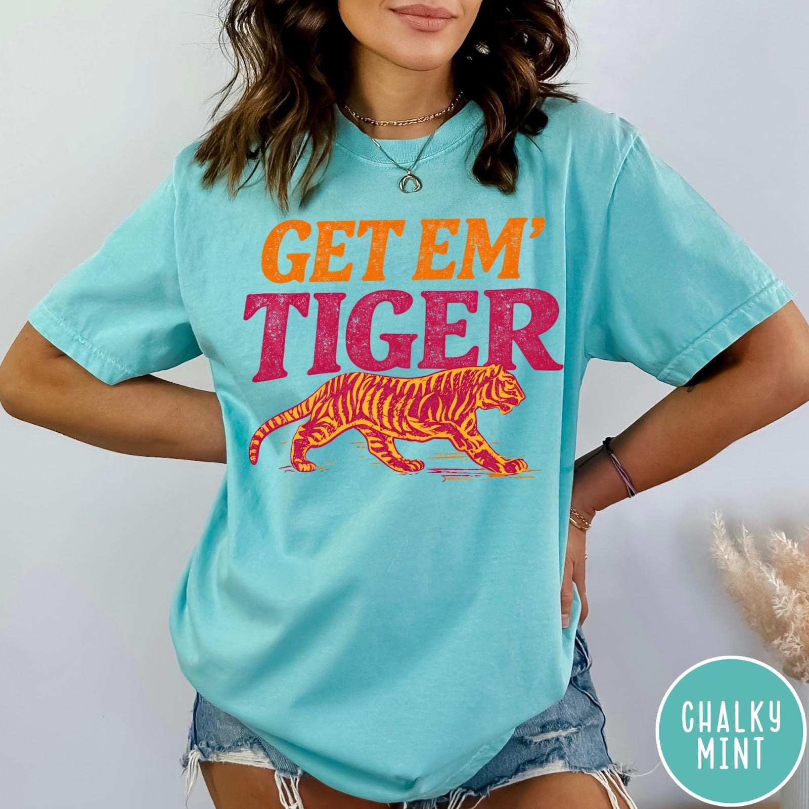 Comfort Colors tee in Chalky Mint featuring vintage style graphic with Get Em Tiger text and tiger illustration