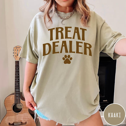 Comfort Colors tee in Khaki featuring dog owner design with Treat Dealer text and a paw print