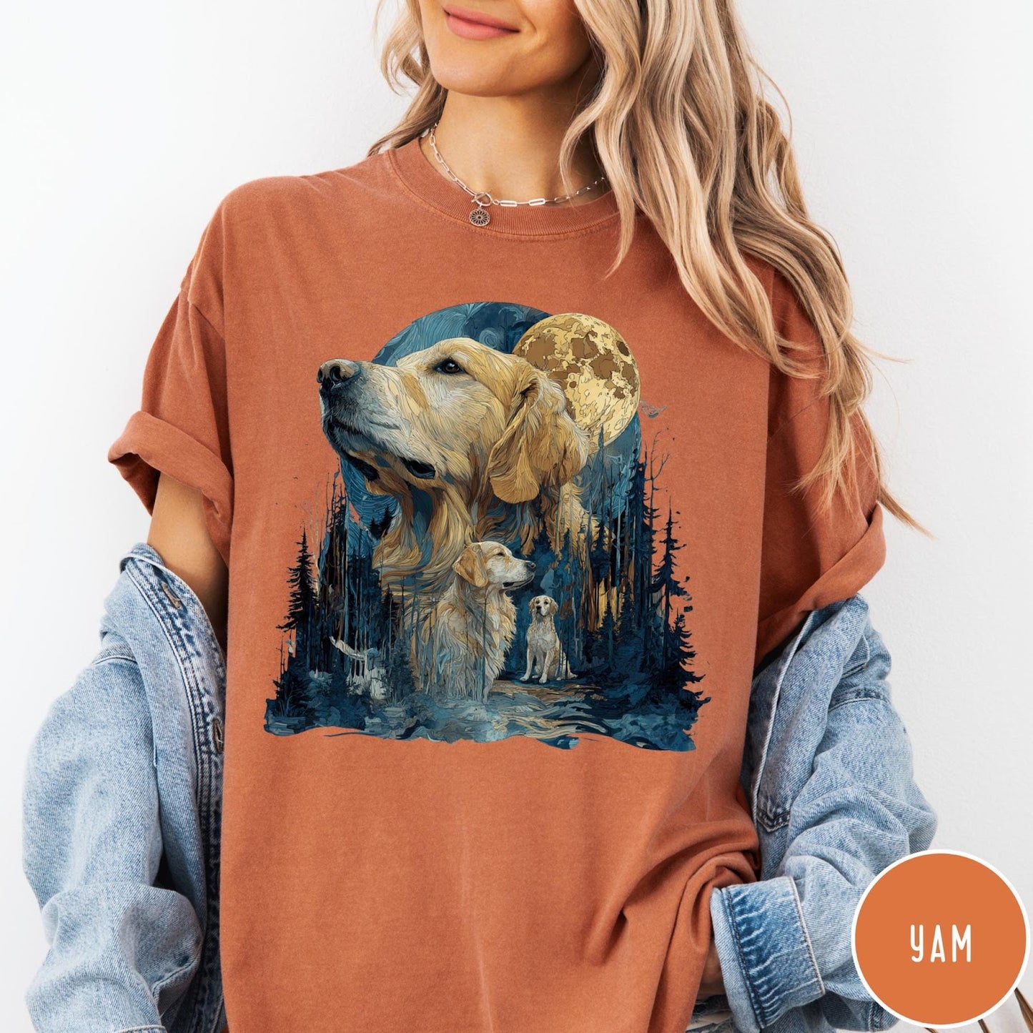 Comfort Colors tee in Yam featuring artistic graphic design of Golden Retrievers in a moonlit forest scene