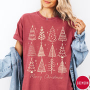 Comfort Colors tee in Crimson featuring festive graphic style with twelve unique illustrated Christmas tree designs