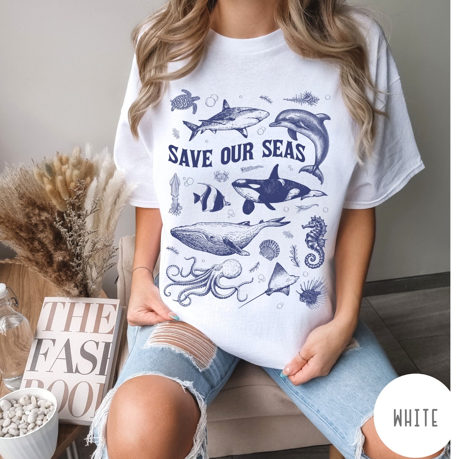 Comfort Colors tee in White featuring marine life graphic design with various sea creatures and Save Our Seas text