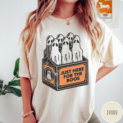 Comfort Colors tee in Ivory featuring vintage style graphic of ghosts in a milk carton crate