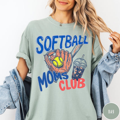 Comfort Colors tee in Bay featuring graphic design with softball glove, ball, bat, and iced coffee