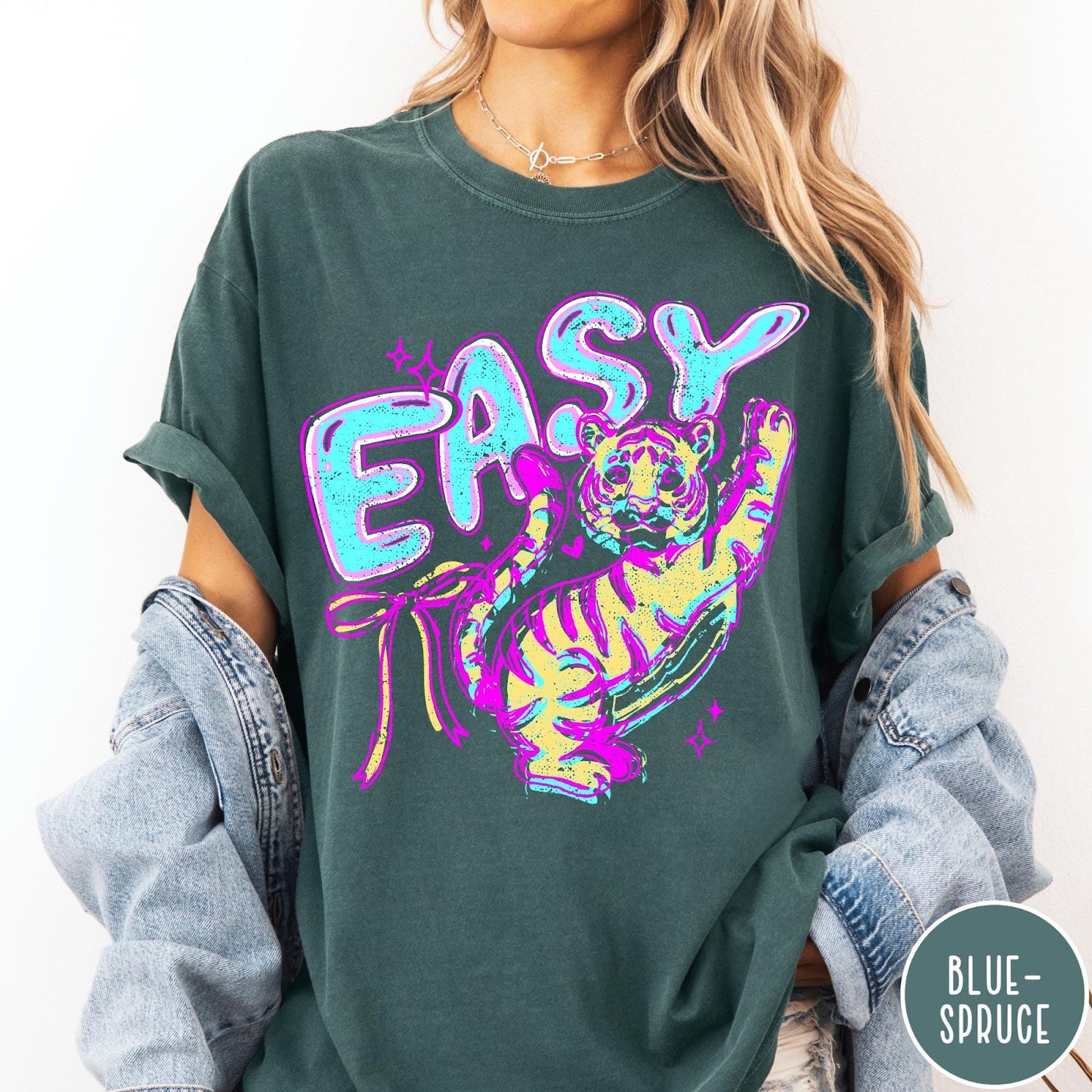 Comfort Colors tee in Blue Spruce featuring retro graphic style with a tiger and the word Easy