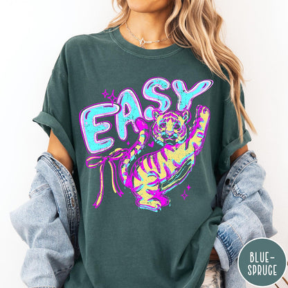 Comfort Colors tee in Blue Spruce featuring retro graphic style with a tiger and the word Easy
