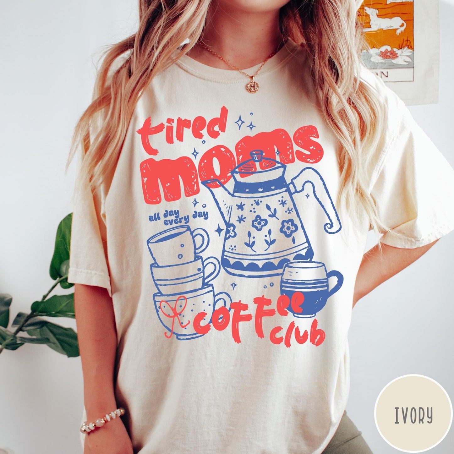 Comfort Colors tee in Ivory featuring coffee themed graphic with teapot and stacked mugs and text design