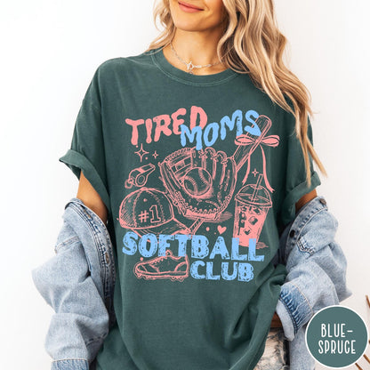 Comfort Colors tee in Blue Spruce featuring softball mom life graphic with glove, ball, cap, and drink