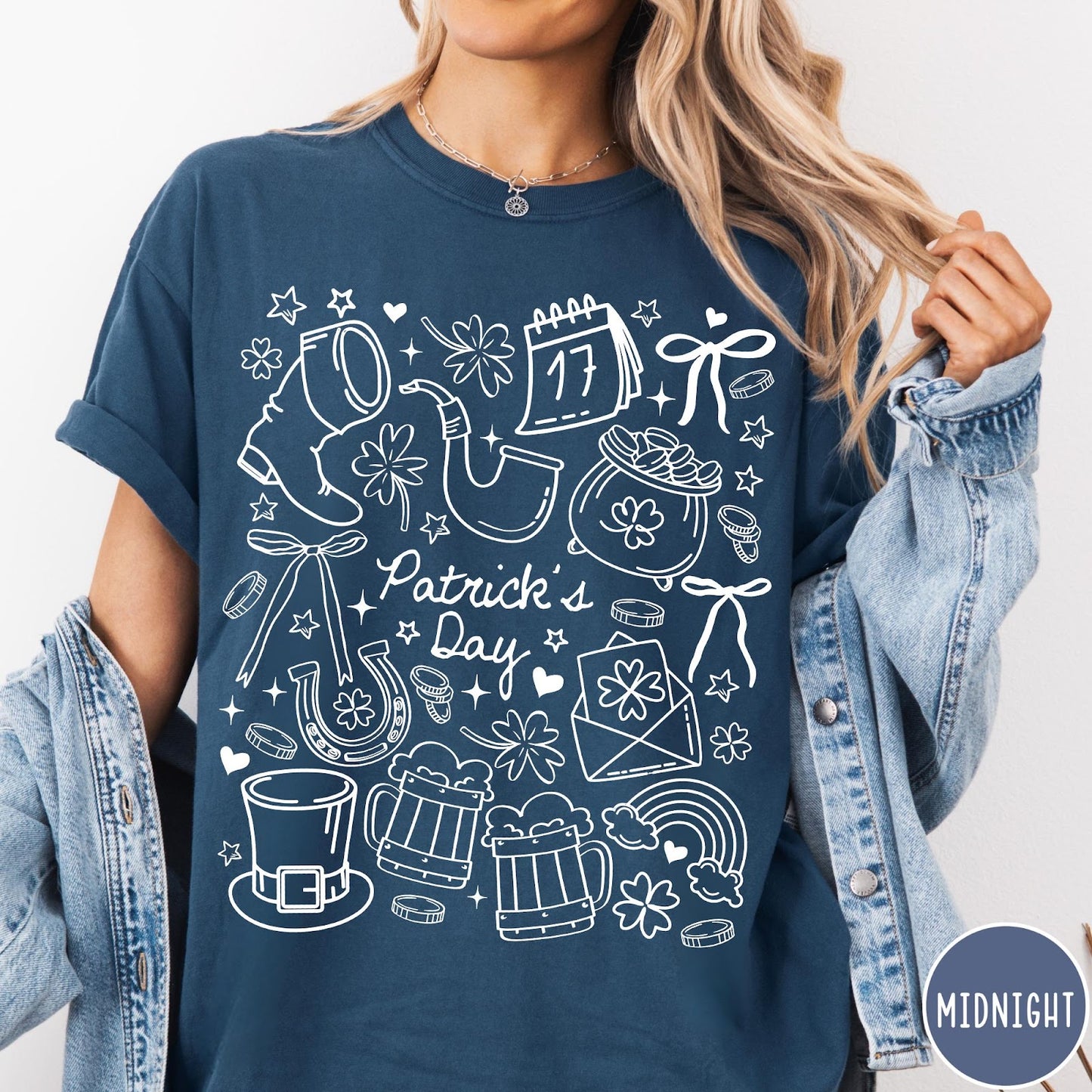 Comfort Colors tee in Midnight featuring line art style St. Patrick's Day icons and symbols
