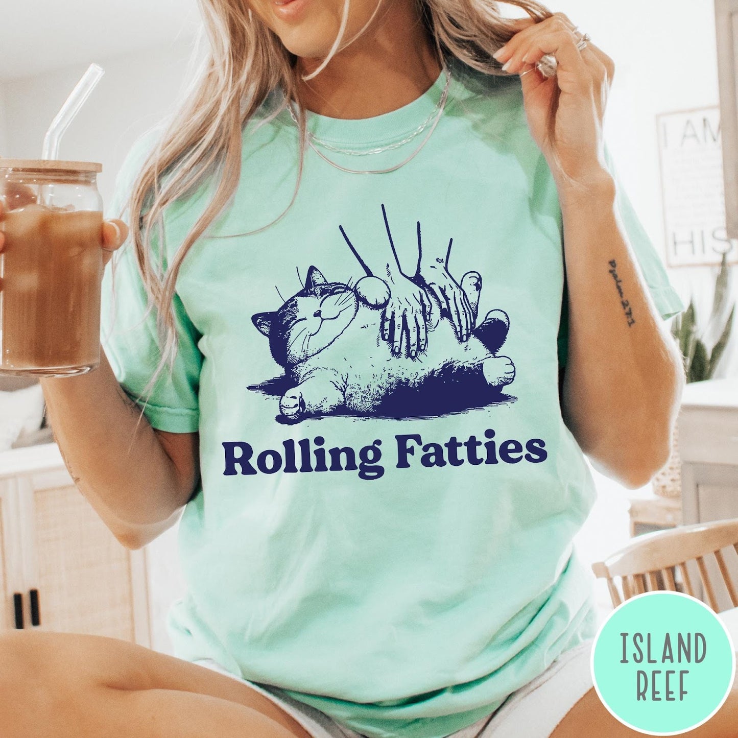 Comfort Colors tee in Island Reef featuring illustration style graphic of a chubby cat getting a belly rub