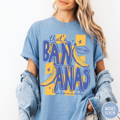 Comfort Colors tee in Washed Denim featuring retro style graphic with bananas and text that says that's bananas
