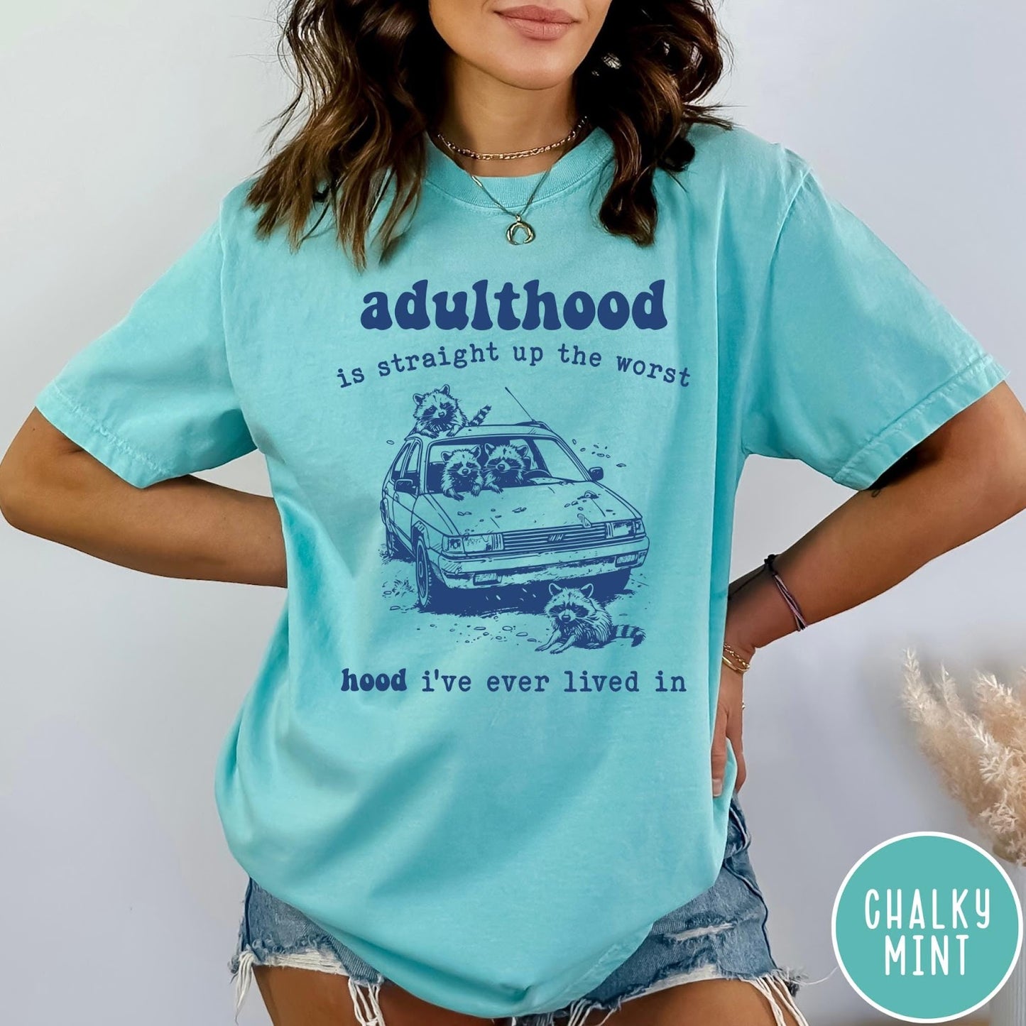 Comfort Colors tee in Chalky Mint featuring illustrated style graphic of raccoons sitting in and around a car