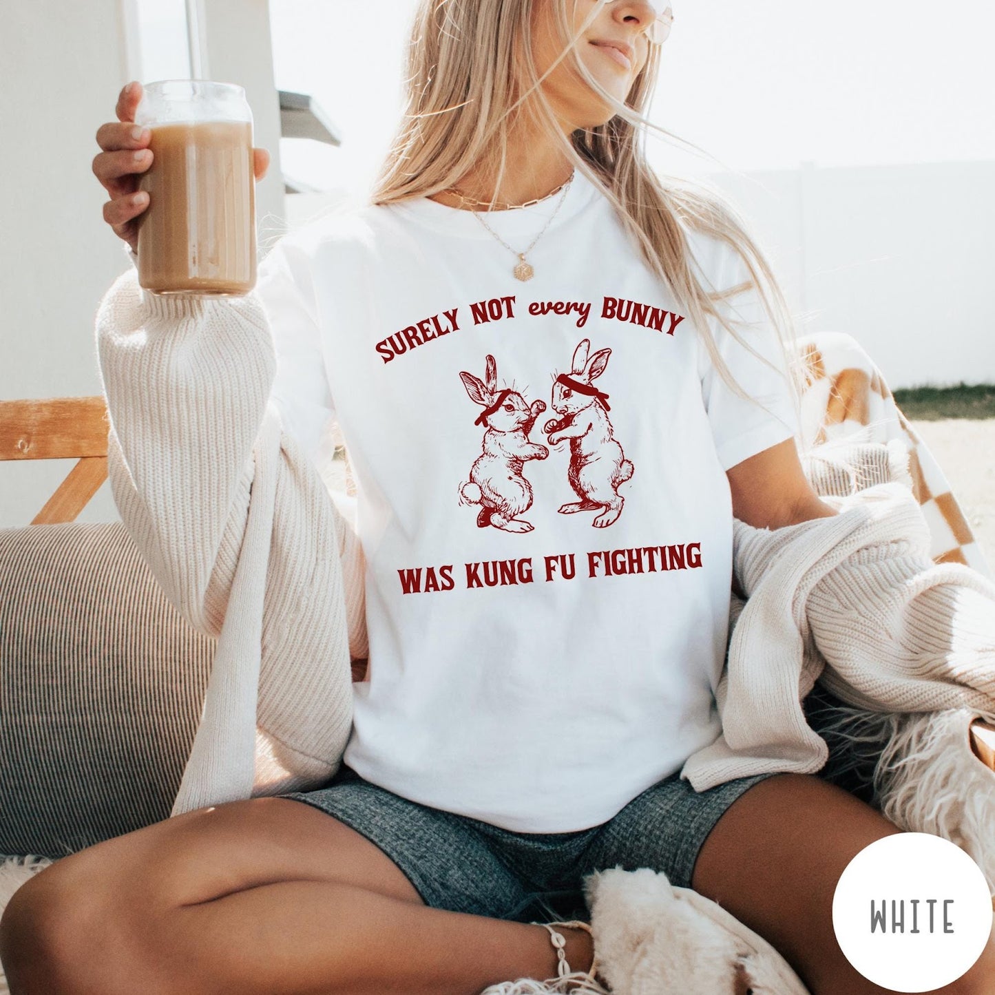 Comfort Colors tee in White featuring vintage style graphic of two rabbits wearing headbands kung fu fighting