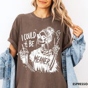 Comfort Colors tee in Espresso featuring skeleton graphic with sunglasses, messy bun, iced coffee, and lightning bolt.