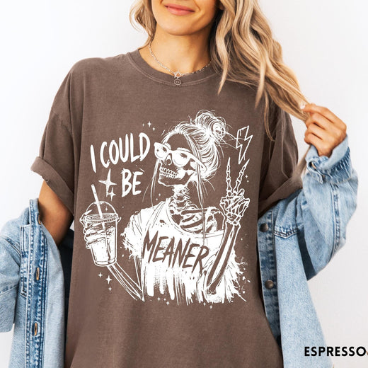 Comfort Colors tee in Espresso featuring skeleton graphic with sunglasses, messy bun, iced coffee, and lightning bolt.