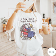 Comfort Colors tee in White featuring vintage style graphic of Santa Claus kissing a woman under stars