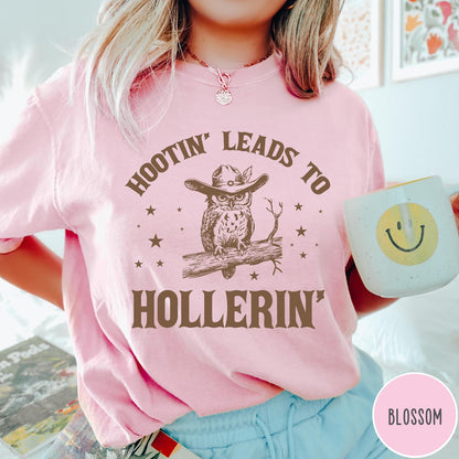 Comfort Colors tee in Blossom featuring western style graphic of an owl wearing a cowboy hat on branch