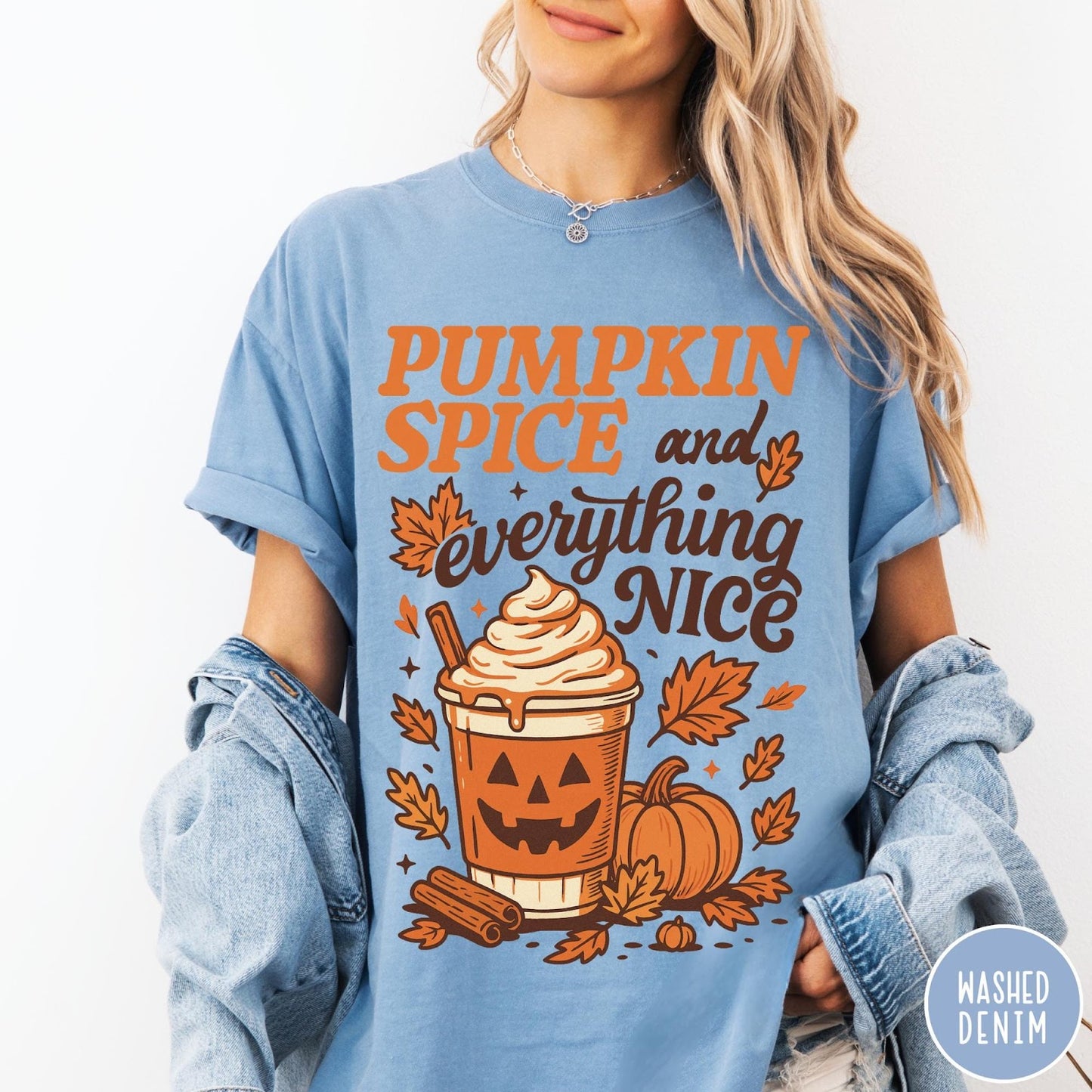 Comfort Colors tee in Washed Denim featuring autumn design with pumpkin spice latte and fall leaves graphic