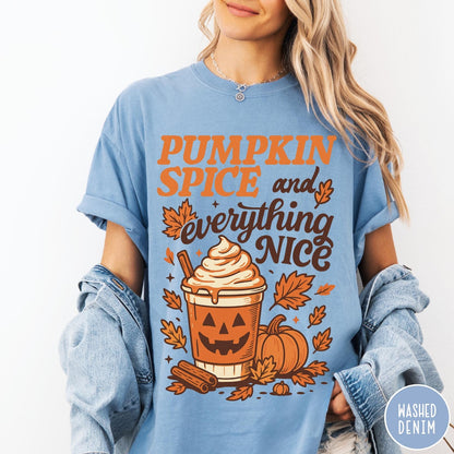Comfort Colors tee in Washed Denim featuring autumn design with pumpkin spice latte and fall leaves graphic