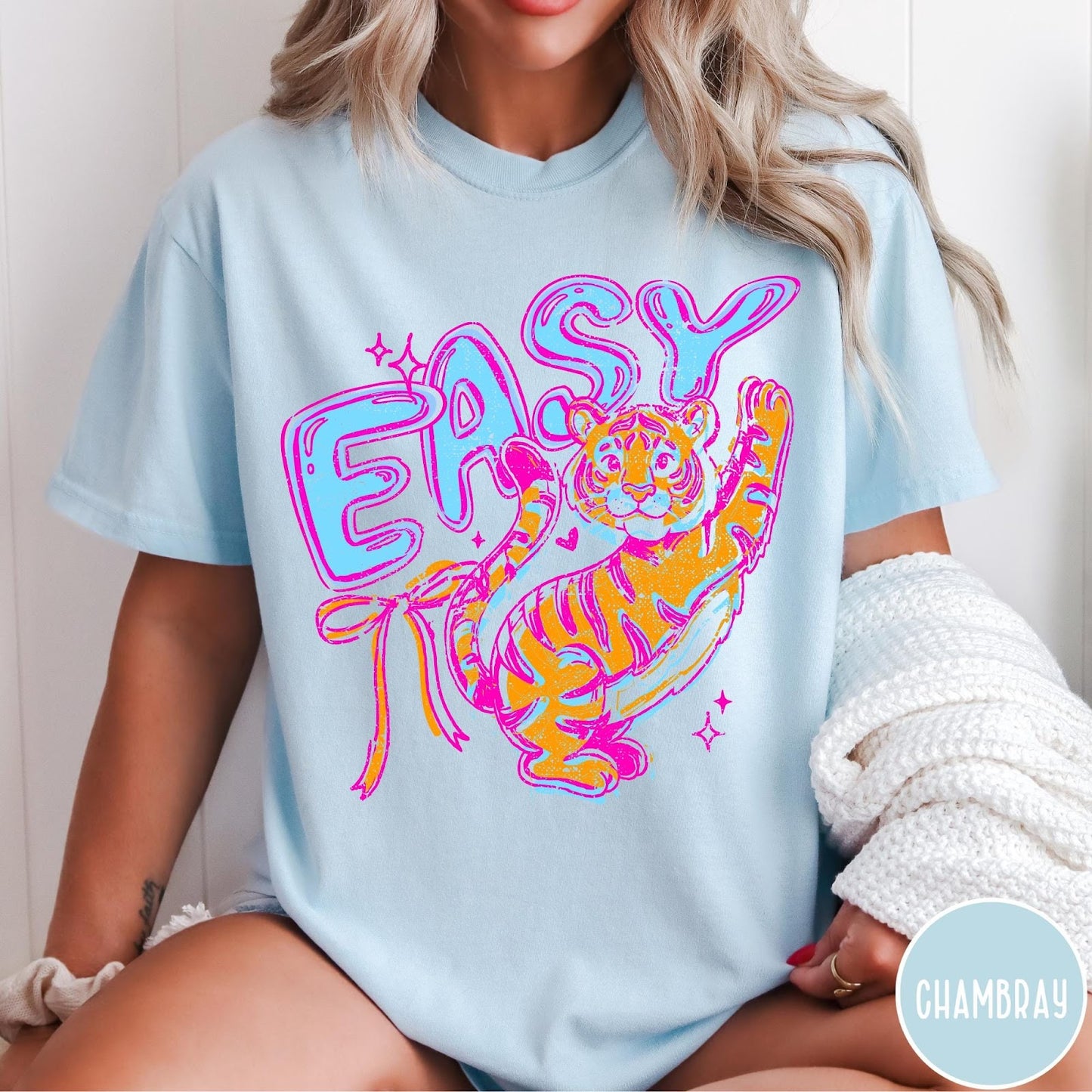 Comfort Colors tee in Chambray featuring retro style graphic of a tiger with blue and orange colors