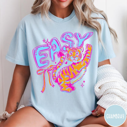 Comfort Colors tee in Chambray featuring retro style graphic of a tiger with blue and orange colors