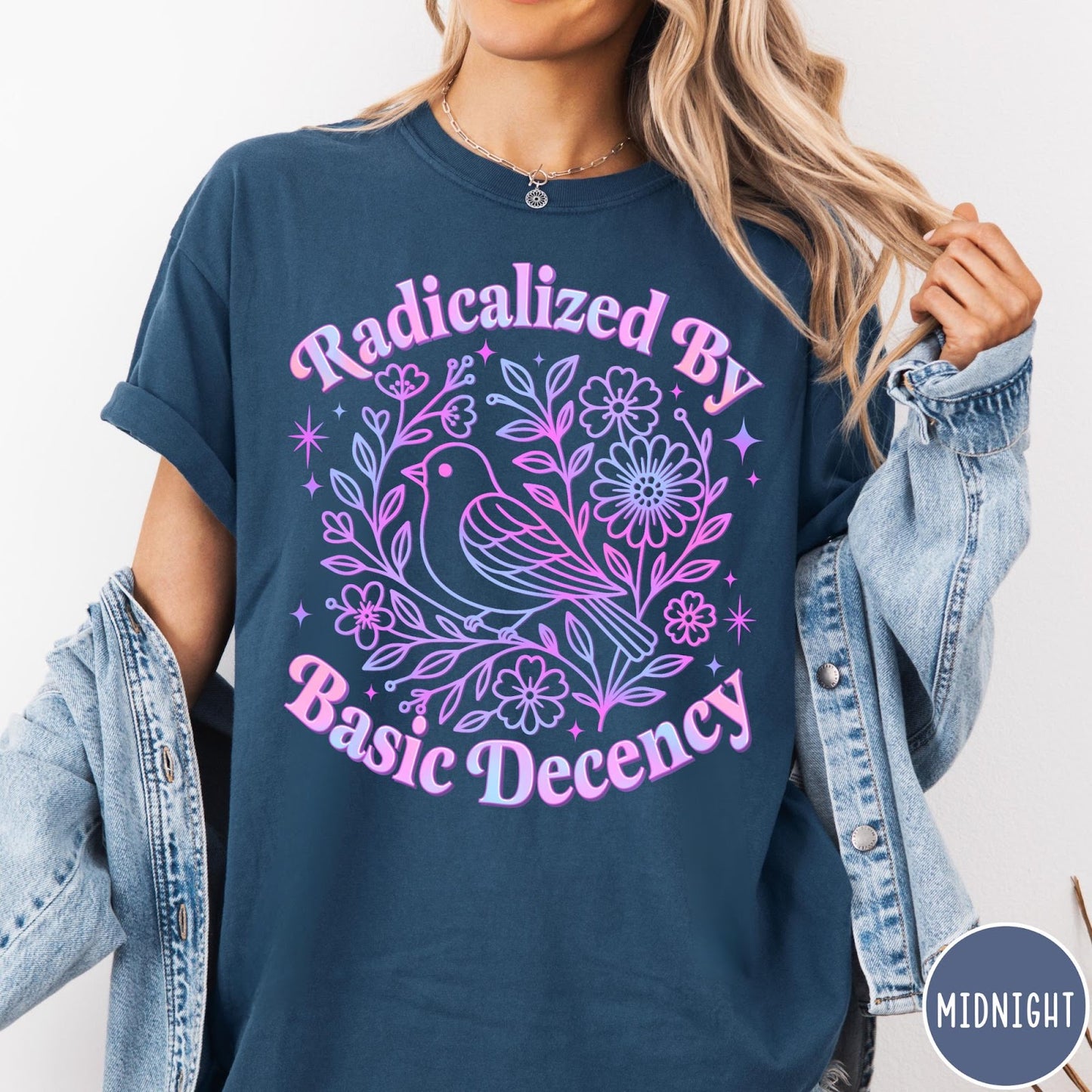 Comfort Colors tee in Midnight featuring floral design style with a bird and flowers graphic print