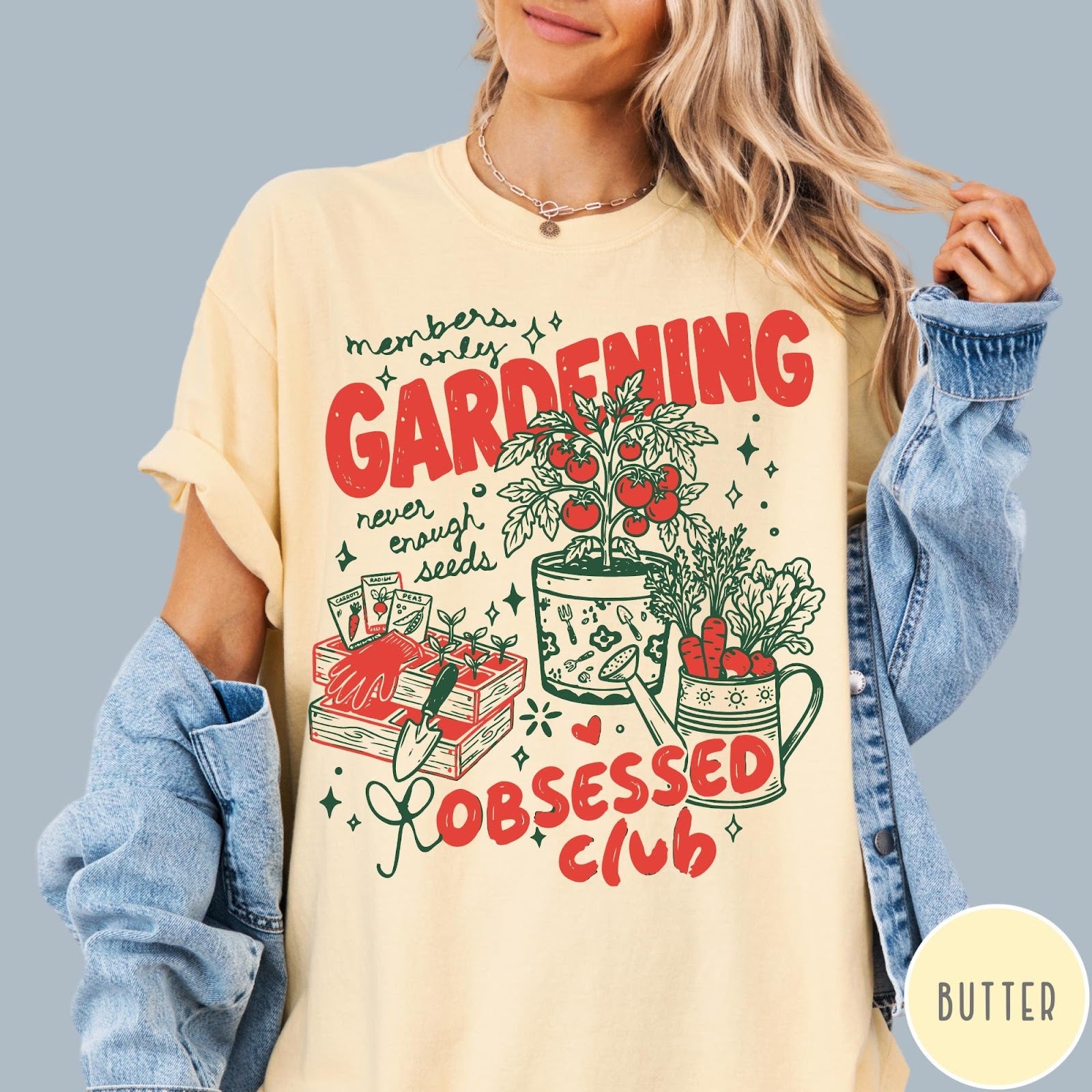 Comfort Colors tee in Butter featuring retro graphic gardening design with plants, tools, and seeds