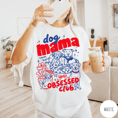 Comfort Colors tee in White featuring dog mom design with multiple dogs and red blue graphic