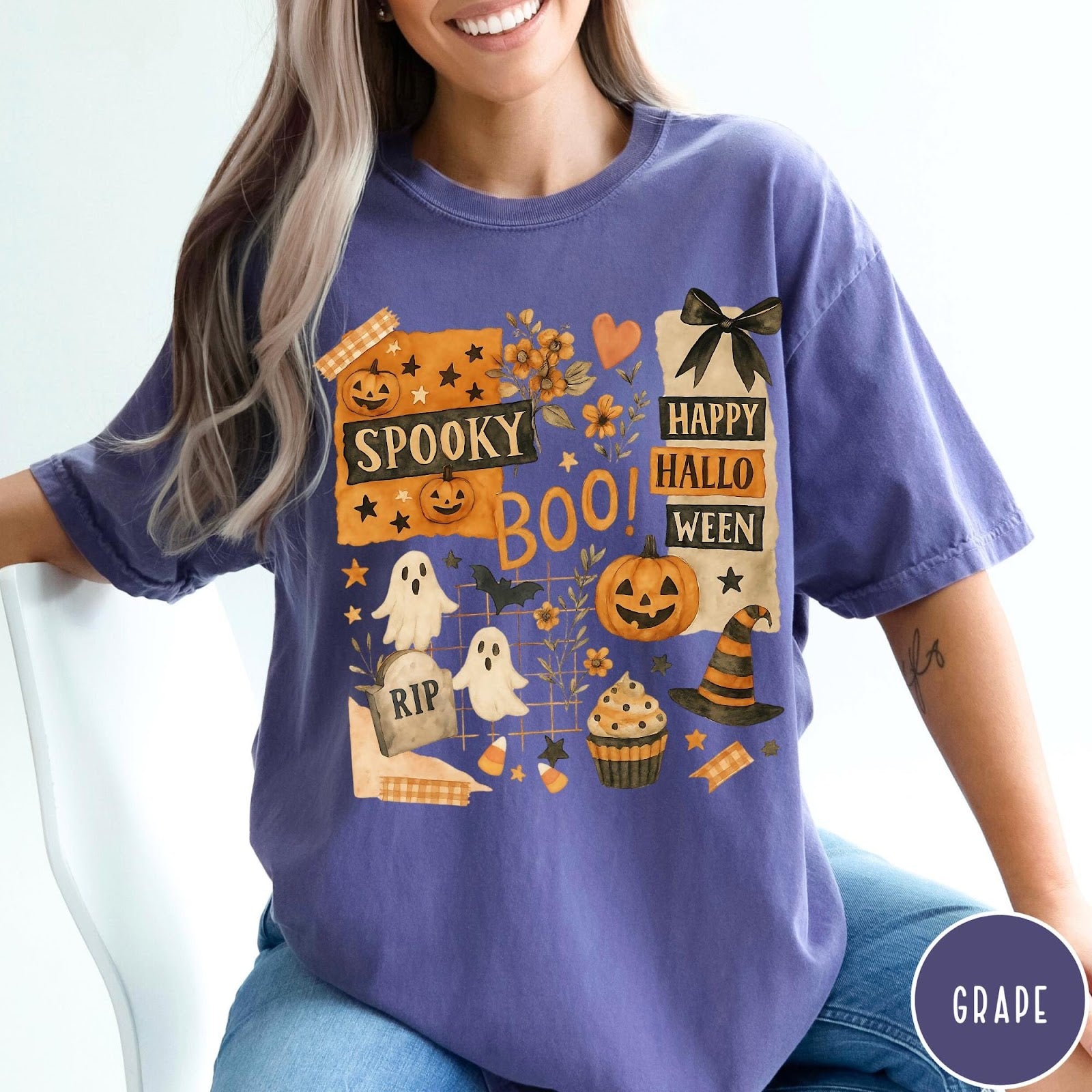 Comfort Colors tee in Grape featuring Halloween collage design with pumpkins, ghosts, and festive autumn graphics