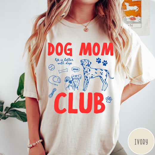 Comfort Colors tee in Ivory featuring playful dog-themed graphic with Dalmatian and text Dog Mom Club