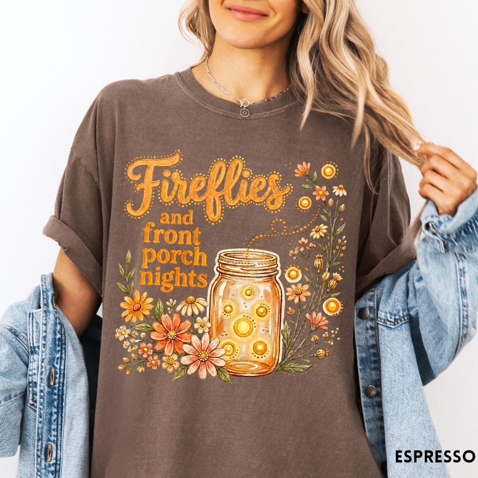 Comfort Colors tee in Espresso featuring rustic style graphic of fireflies in a mason jar with wildflowers