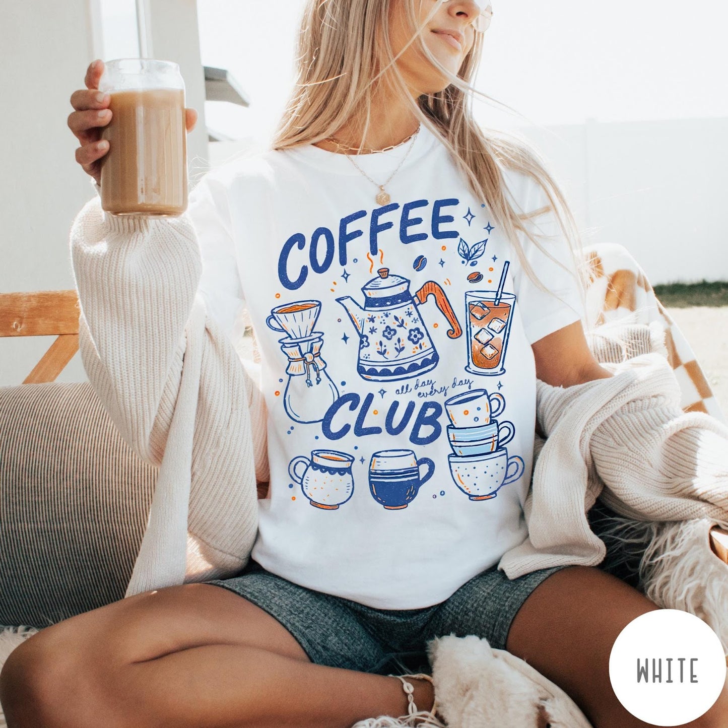 Comfort Colors tee in White featuring retro graphic design with coffee pots, mugs, and iced coffee