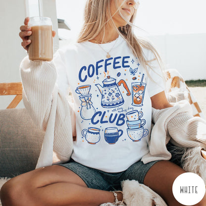 Comfort Colors tee in White featuring retro graphic design with coffee pots, mugs, and iced coffee