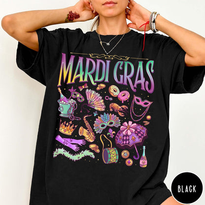 Comfort Colors tee in Black featuring vintage style Mardi Gras celebration icons including masks, beads, and saxophone