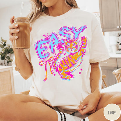 Comfort Colors tee in Ivory featuring retro style graphic of a tiger with blue and orange colors