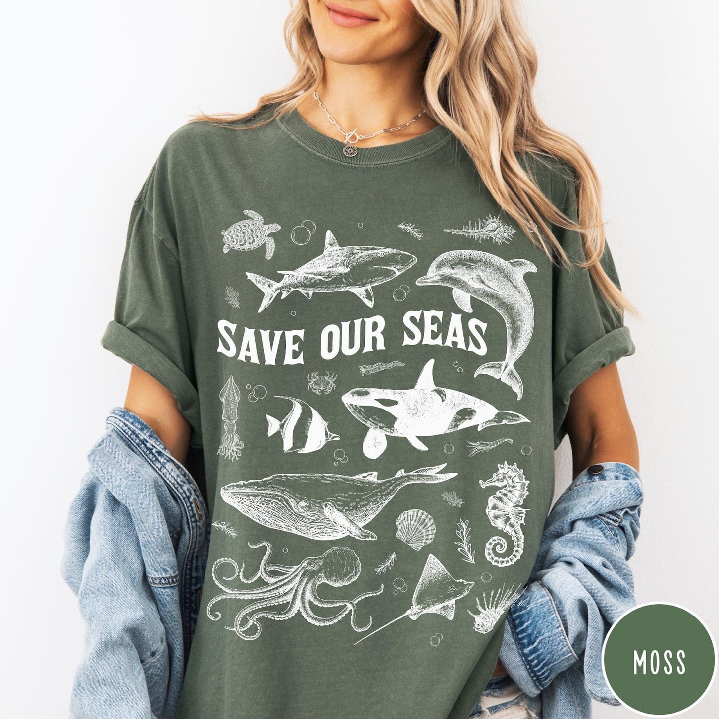 Comfort Colors tee in Moss featuring line art marine life graphic with Save Our Seas text design