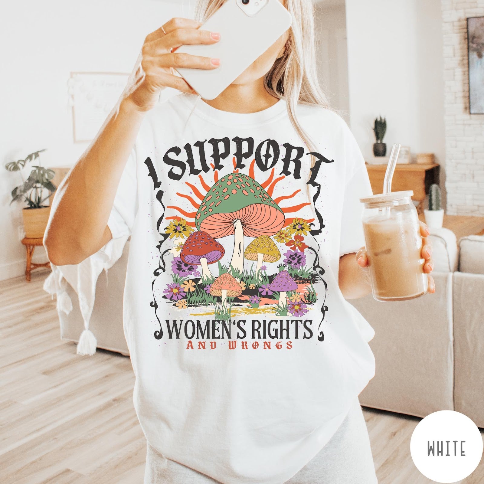 Comfort Colors tee in White featuring retro graphic design with colorful mushrooms, flowers, and sun illustration