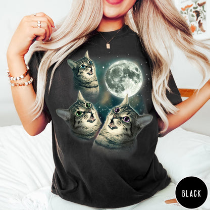 Comfort Colors tee in Black featuring retro style graphic of three cats looking up at the moon