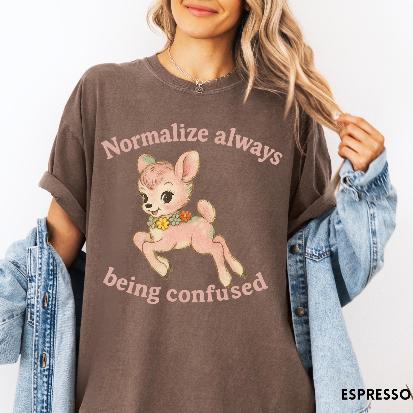 Comfort Colors tee in Espresso featuring vintage style fawn graphic with flowers and Normalize Always Being Confused text