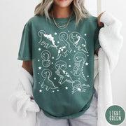 Comfort Colors tee in Light Green featuring line art graphic of various dinosaurs wearing astronaut helmets in space