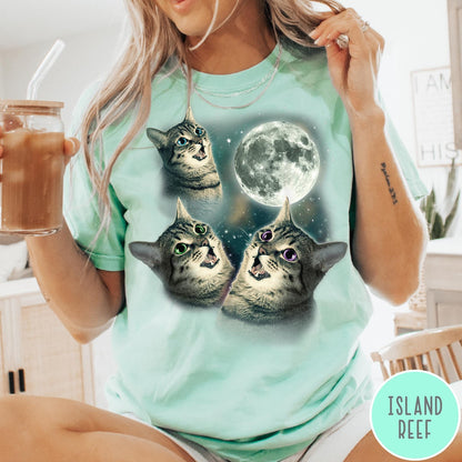 Comfort Colors tee in Island Reef featuring retro design with three cats looking up at the moon