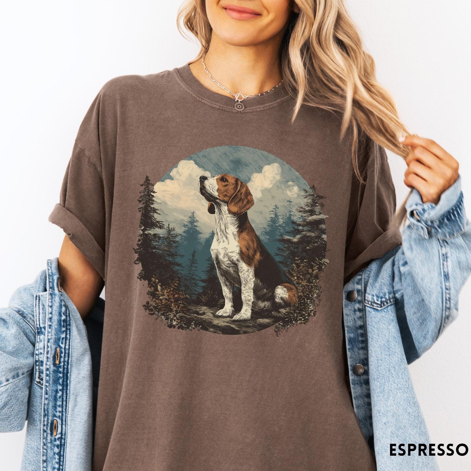 Comfort Colors tee in Espresso featuring vintage style graphic of a beagle sitting in a forest scene