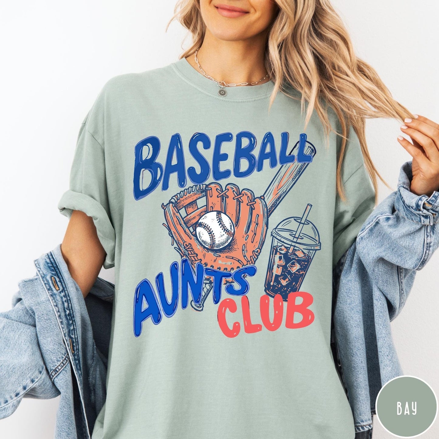 Comfort Colors tee in Bay featuring baseball design with glove, ball, bat, and iced coffee graphic