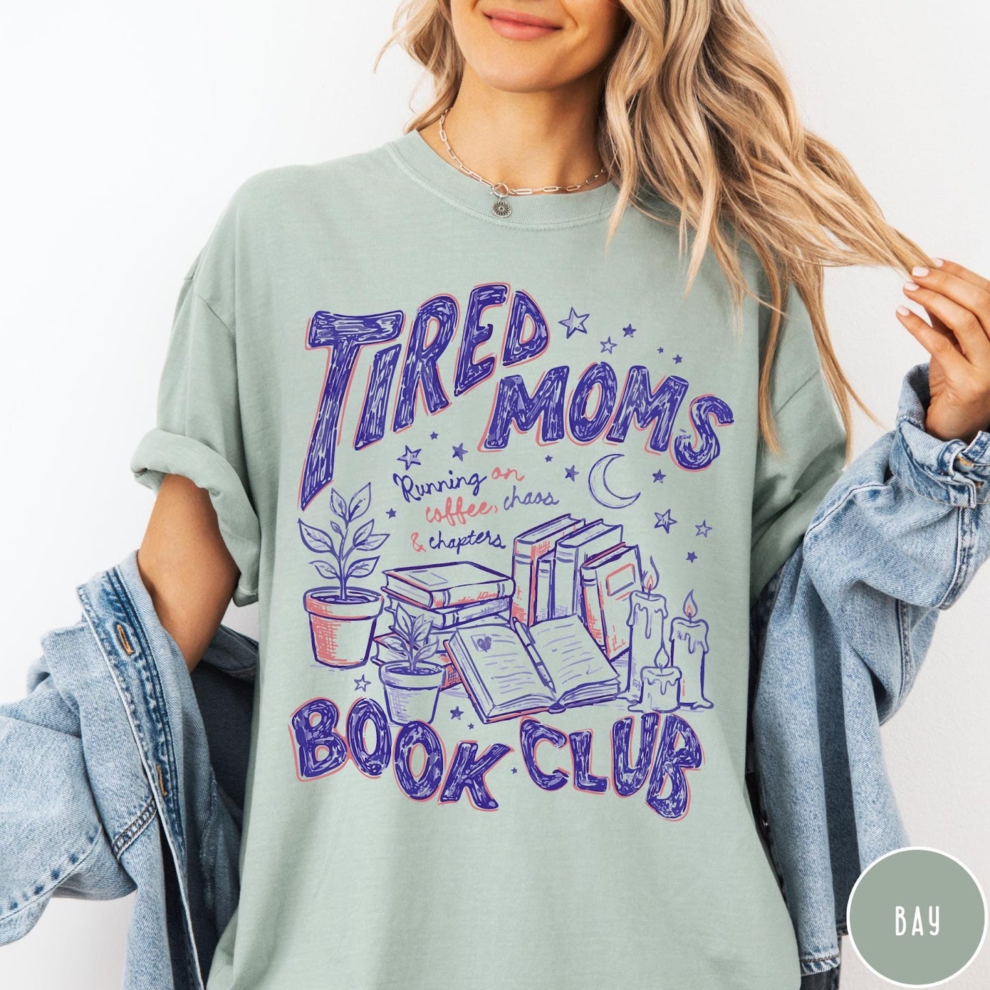 Comfort Colors tee in Bay featuring book club graphic with plants, candles, and reading related text