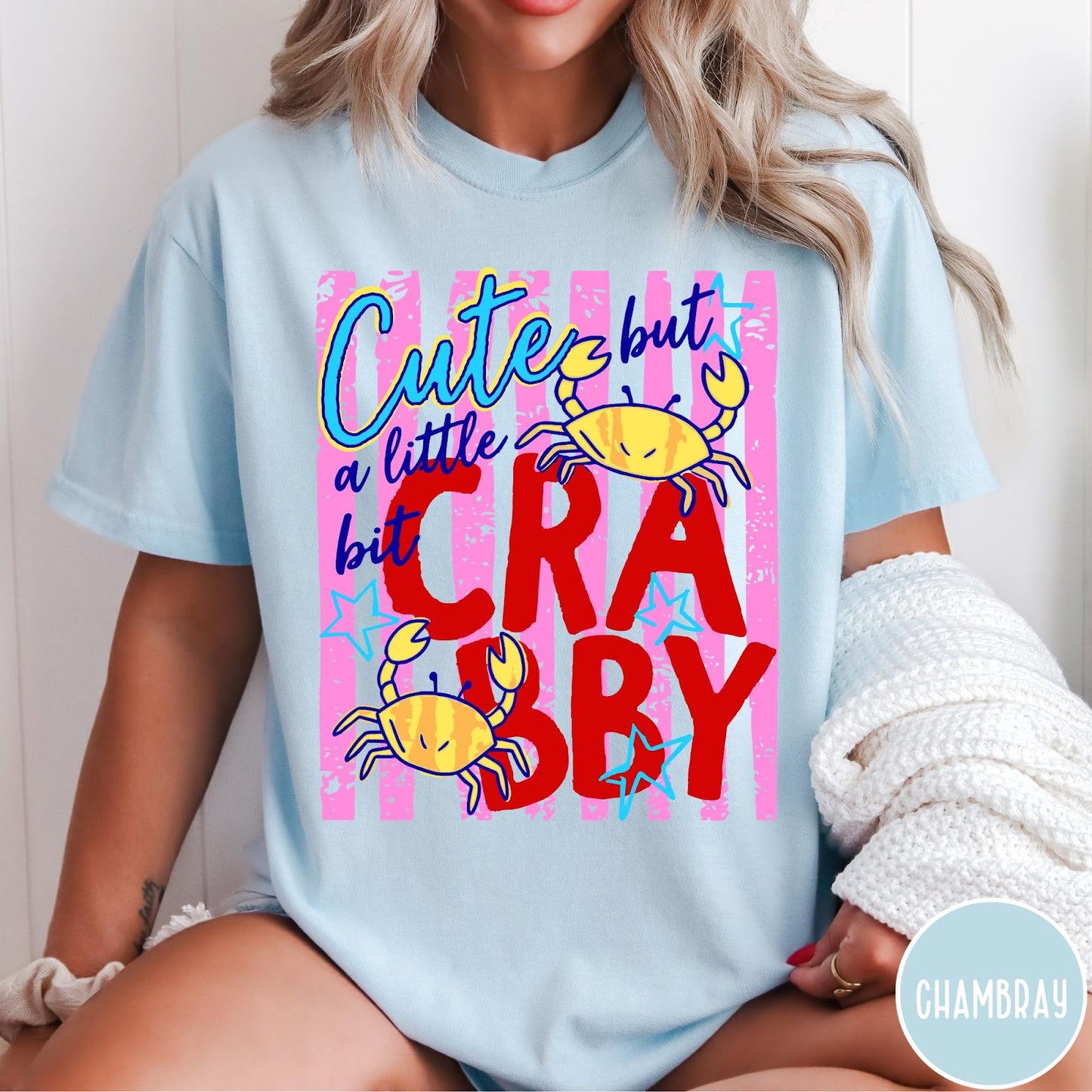 Comfort Colors tee in Chambray featuring graphic design with crabs and text reading Cute but a little bit Crabby