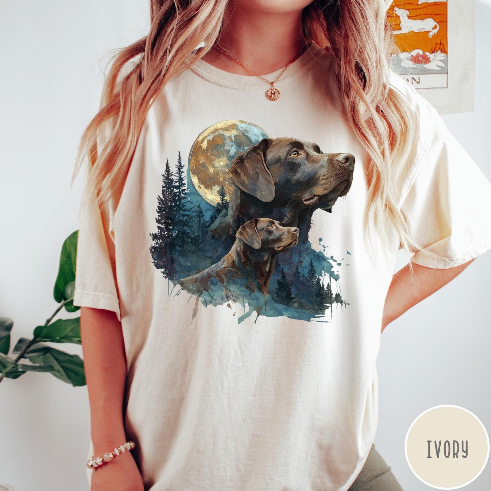 Comfort Colors tee in Ivory featuring vintage style graphic of two Chocolate Labradors under a full moon