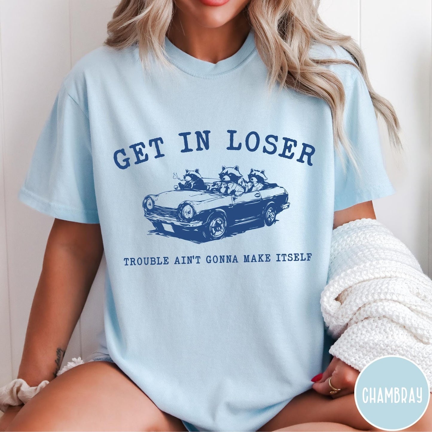 Comfort Colors tee in Chambray featuring vintage style graphic of three raccoons driving a convertible car
