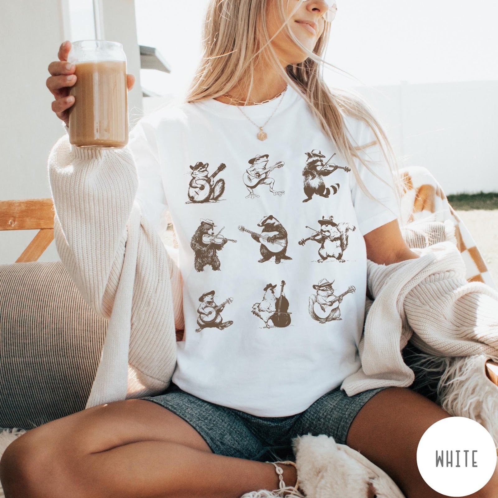 Comfort Colors tee in White featuring vintage style graphic of various animals playing different musical instruments