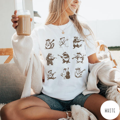 Comfort Colors tee in White featuring vintage style graphic of various animals playing different musical instruments